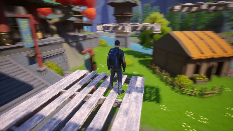 Player on a wooden pallet platform looking toward a moving beam and a thatched barn
