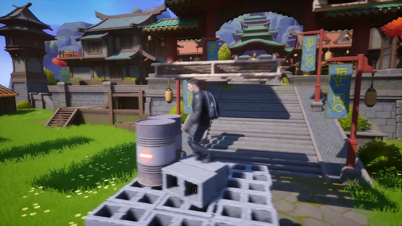 Player standing on a stack of cinder blocks below a floating plank, with a village temple behind